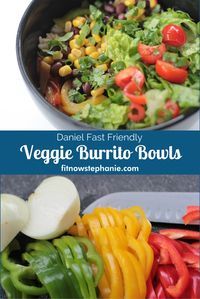 two pictures with different types of veggie burrito bowls