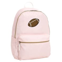 a pink backpack with a football embroidered on the front