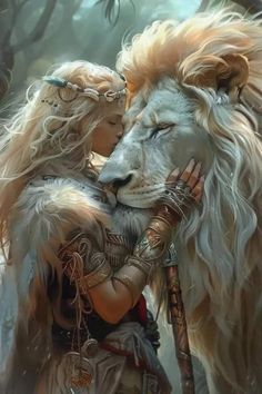 a woman hugging a white lion with long hair and an elaborate headdress on