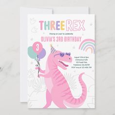 a birthday card with a pink dinosaur holding balloons