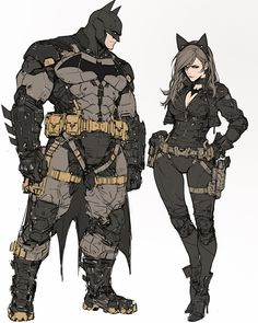 the batman and catwoman costumes are drawn in black, white and grey colors with gold accents