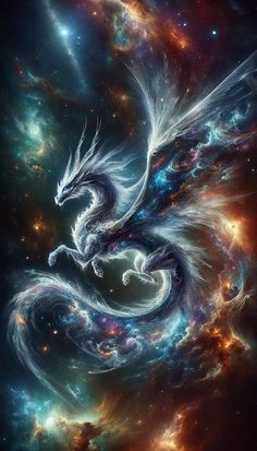 a white dragon flying through the space with stars in it's backround