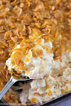 a casserole dish filled with cereal and cream