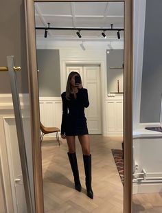 Going Out Outfits With Heels, Fine Dining Outfit Women Dinner Dress, Black Over Knee Boots Outfit, Heeled Boots Outfit Going Out, Black Heeled Boots Outfit, Black Dress Black Boots, Easy Office Outfits, Fall Girl Aesthetic, School Outfits Dress