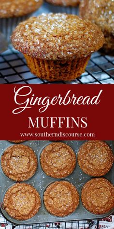 gingerbread muffins on a cooling rack with the words gingerbread muffins above them