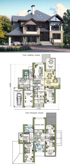 two story house plan with three floors and an open floor plan for the living room