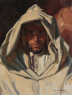 an oil painting of a man wearing a white robe and holding his head covered by a blanket