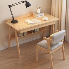 a desk with a chair, lamp and books on it