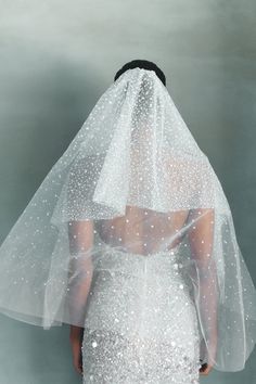 the back of a woman wearing a wedding veil with white dots on it and black hair