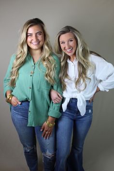 These adorable lightweight button-up tops are perfect as a spring transition piece! Throw this top on with some shorts over your bathing suit for a trendy beachy look. Scarlett is wearing a size M/L in the green and Peeper & Jordan are wearing a size S/M in white. Casual Green Tops With Button Closure, Green Long Sleeve Vacation Tops, Green Long Sleeve Top For Vacation, Green Long Sleeve Blouse For Vacation, Green Tops With Button Closure For Summer, Casual Beach Season Blouse For Brunch, Casual Blouse For Beach Season Brunch, Casual Blouse For Brunch During Beach Season, Casual Green Summer Blouse