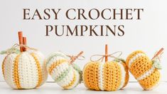 three crocheted pumpkins are lined up with the words easy crochet pumpkins