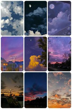 many different pictures of clouds in the sky at sunset or dawn, and one has a full moon