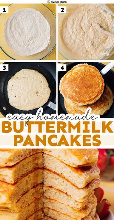 the steps to making buttermilk pancakes are shown in this collage with text overlay