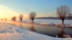 the sun shines brightly on some trees and water in the snow covered field next to a frozen river