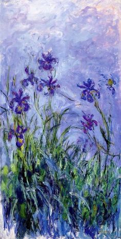 an oil painting of purple flowers on a blue and white background with green stems in the foreground