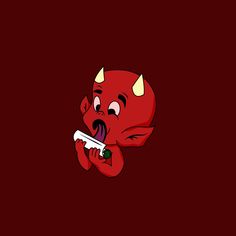 a red devil with horns holding a nintendo wii game controller in its mouth and tongue out