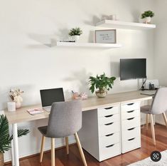 a desk with two laptops on it and some plants in the corner next to it