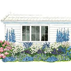 a drawing of a house with flowers in the front yard and bushes on the side