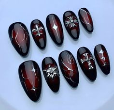 Black And Red Nails, Quartz Nails, Silver Nail Art, Wine Nails, Hello Nails