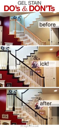 the stairs in this house have been painted red and white with black lettering that says do's & don'ts