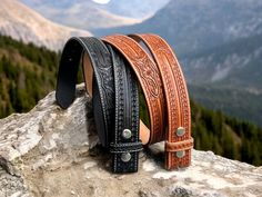 ABOUT THE BELTS: ★ 100% full grain genuine leather. ★ Personalize your belts inside (OPTIONAL).  ★ Belt thickness 1/8" - 3.2 mm  ★ 1-1/2" Wide ★ Snap System for Interchanging Buckles Leather Western Belts For Everyday, Black Hand Tooled Leather Belt Buckles, Black Leather Hand Tooled Belt Buckles, Western Leather Belt, Cowboy Belt, Western Leather, Suspender Belt, Tooled Leather, Leather Belts