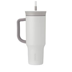 a white travel mug with a handle on the side and a straw sticking out of it