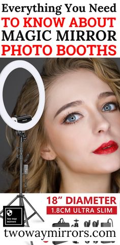 a woman with blue eyes and red lipstick in front of a white background is the words everything you need to know about magic mirror photo booths