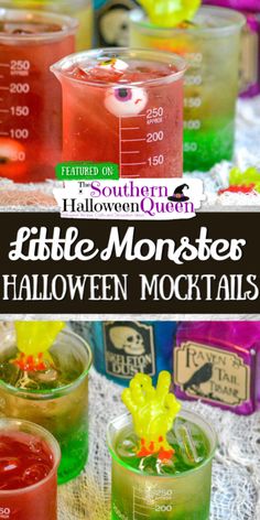 three different colored drinks in glasses with the words little monster halloween cocktails on them