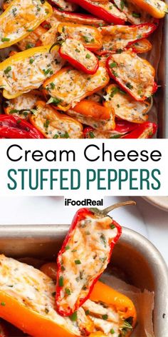 cream cheese stuffed peppers in a baking pan with text overlay that says cream cheese stuffed peppers