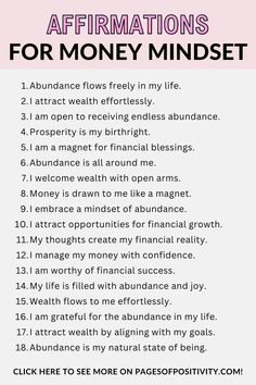 pin that says in a large font Affirmations for Money Mindset Money And Job Affirmations, Positive Money Affirmations Wealth, Abundance Mindset Affirmations, Saving Money Affirmations, Powerful Money Affirmations, Positive Quotes Motivation Daily Affirmations For Women, Manifestation Scripting, Identity Shift, Positive Money Affirmations