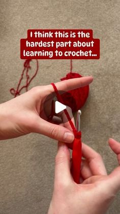 two hands holding scissors and string with text on the bottom that reads, i think this is the harlest part about learning to croche