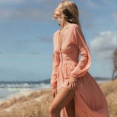 Summer Women Long Sleeve Solid Fashion V-Neck Ankle-Length Dress – chirrupday Plunge Maxi Dress, Flowy Maxi Skirts, Long Sleeve Fitted Dress, Estilo Hippie, Ankle Length Dress, Short Sleeve Maxi Dresses, Autumn Dress, Urban Dresses