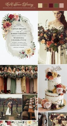 a collage of wedding photos with flowers and greenery on the top, in different colors