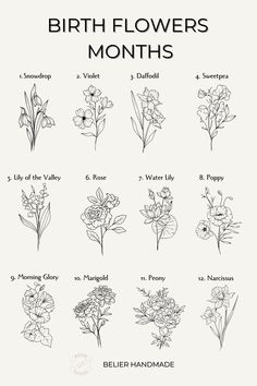 the birth flowers are shown in black and white, which include many different types of flowers