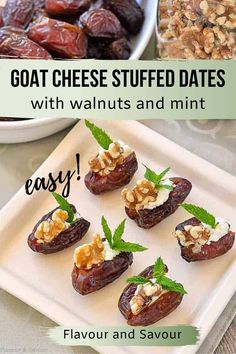 figs with goat cheese, walnuts and mint on a white plate next to a bowl of raisins