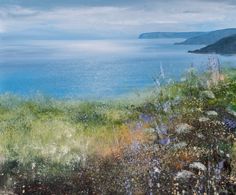 an oil painting of grass and flowers by the ocean