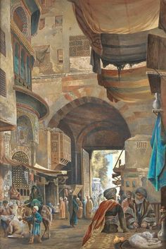 a painting of people in an old city