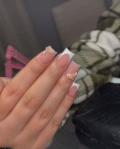 Classic Cute Nails, Small Nail Acrylic, Short French Tip Acrylic Nails Rhinestones, Nails Short Latina, Shorties Nails With Initial, Super Short French Tip Acrylic Nails, Prom Nails French Tip Square, Short Nail Designs Summer Square, Short Simple Nails Fall