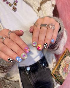 Lightning Nails Short, Short Masculine Nail Art, Hippie Nails Acrylic Boho, Clown Nails Designs, Skater Nails, Nail Art Designs Men, Masc Nails, Nails Vibrant