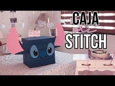 a room with a bed, dresser and some decorations on the wall above it that says caja de stitch