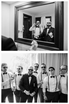 two pictures of men in tuxedos taking selfies and the same man wearing sunglasses