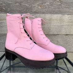 By Far Womens Cobain Boot Combat Ankle Lace Up Zip Pink Peony Lug Sole Sz 40 Tried On, But Never Worn Scratch On Outside Of Left Heel, See Last Photo Upper: Leather Lining: Leather Soles: Rubber Shaft: 7” Heel: 2.5” Platform: 2.5” Made In Bulgaria Spring Ankle Lace-up Boots With Rubber Sole, Chic Spring Boots With Rubber Sole, Spring Leather Sole Ankle Moto Boots, Spring Platform Moto Ankle Boots, Spring Leather Sole Moto Ankle Boots, Spring Moto Ankle Boots With Leather Sole, Pink Leather Moto Boots With Round Toe, Medium Width Platform Boots With Rubber Sole, Trendy Pink Lace-up Boots For Fall