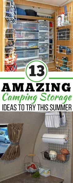 the inside of an rv with text overlay reading 13 amazing camping storage ideas to try this summer