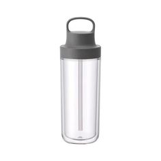 thermos bottle with handle is shown on a white background, it has a gray lid