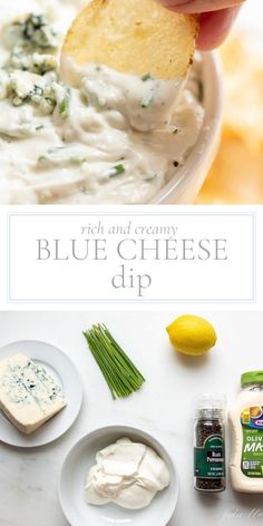 blue cheese dip is being held up by a hand with a cracker in it