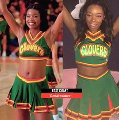 two cheerleaders in green and yellow outfits, one is holding her arms up