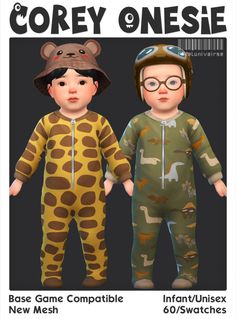 two children in pajamas and hats are standing next to each other, both wearing animal onesies