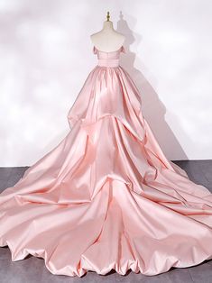 Satin Long Prom Dress, Prom Dress Pink, Royal Train, Mode Rose, Satin Evening Dresses, Rose Bonbon, Custom Size Dresses, Long Train, Pink Prom Dresses