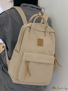 BirdinBag - Traditional Backpack with Stylish Letter Patch Decoration Beige Large Capacity Backpack, Beige Bag For Everyday And Back To School, Beige Everyday Bag For Back To School, Beige Back To School Bags, Casual Beige Rectangular Backpack, Daily Use Softback Backpack, Large Capacity Beige Standard Backpack, Beige Rectangular Backpack For Back To School, Beige Backpack For Everyday Use And Back To School