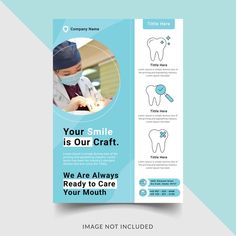 a toothbrush and dental care brochure is displayed on a blue background with the words your smile is our craft, we are always ready to care your mouth